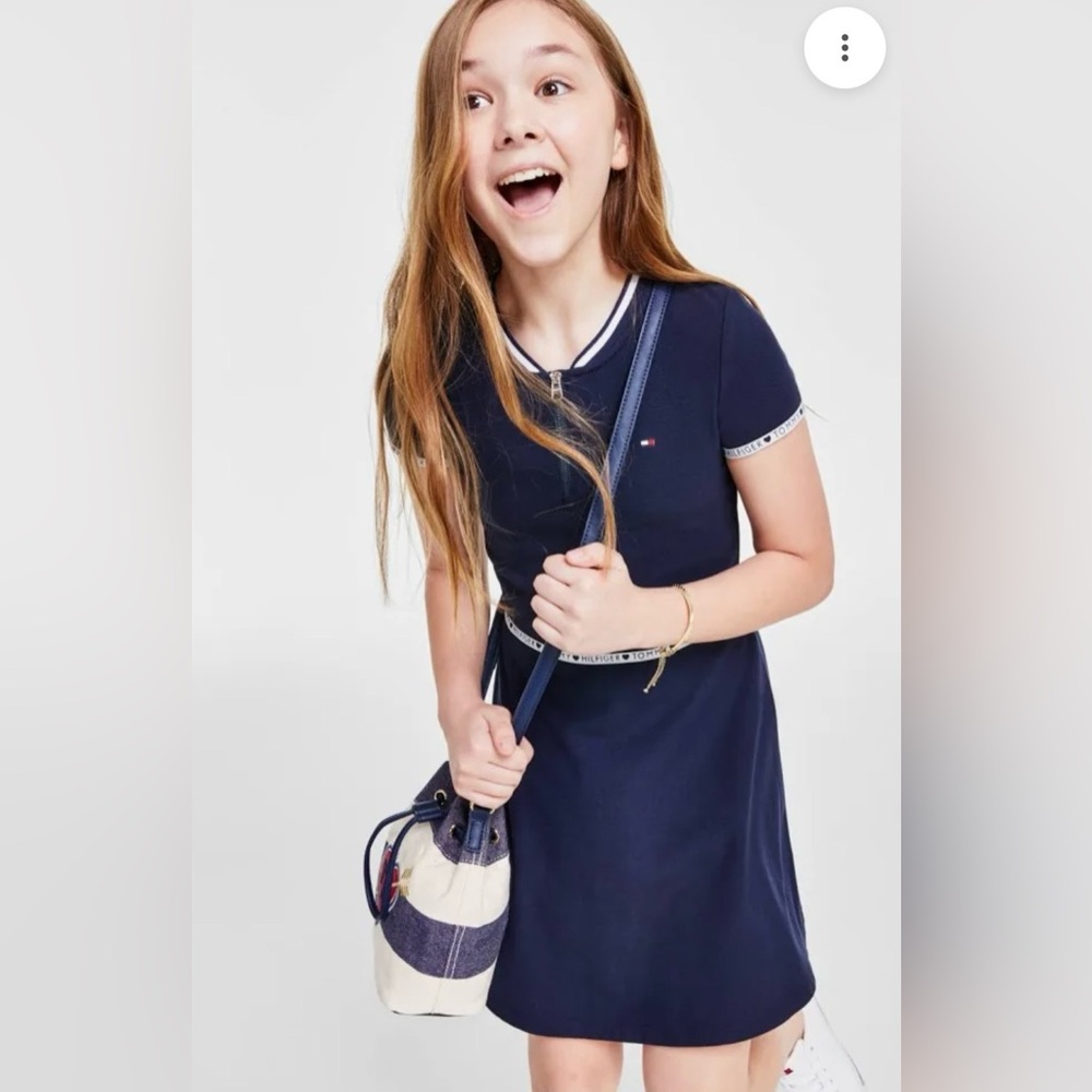 Tommy Hilfiger Navy Short Sleeve Logo Trim Knit Dress